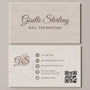Nageldesignerin Beige Leinen Modern Elegant QR-Cod Visitenkarte
