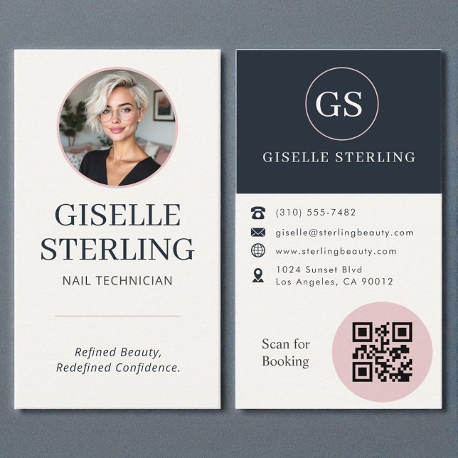 Nageldesignerin Blush & Navy Foto QR Code  Visitenkarte (Von Creator hochgeladen)