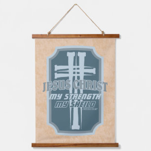 Nagelkruz auf Schild Psalm 28:7 Bibeldesign Wandteppich Mit Holzrahmen