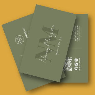 Nagelkünstler Dunkel-Salbei-Grün-Monogramm-QR-Code Visitenkarte