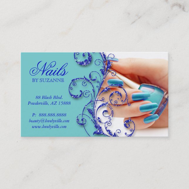 Nageln Sie Salon-Geschäfts-Karten-Glitzer blau Visitenkarte (Vorderseite)