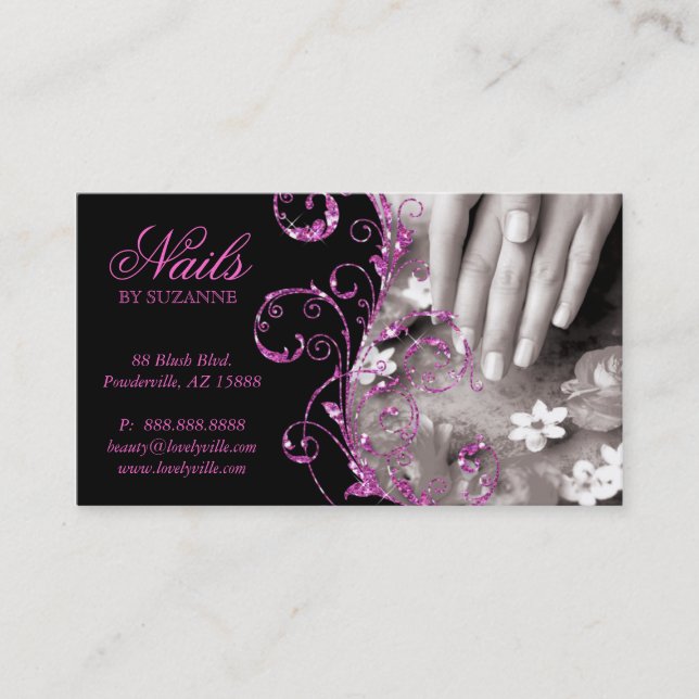 Nageln Sie Salon-Geschäfts-Karten-Rosa-Glitzer Visitenkarte (Vorderseite)