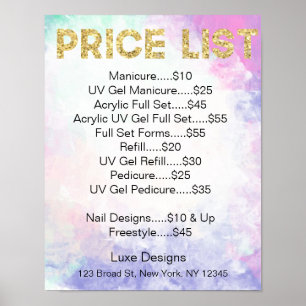 Nagelsalon-Preisliste Wasserfarbe, Gold-Glitter Poster