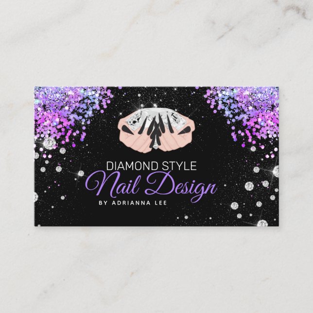 Nageltechniker Diamond Glitzer Lila Nail Salon Visitenkarte (Vorderseite)
