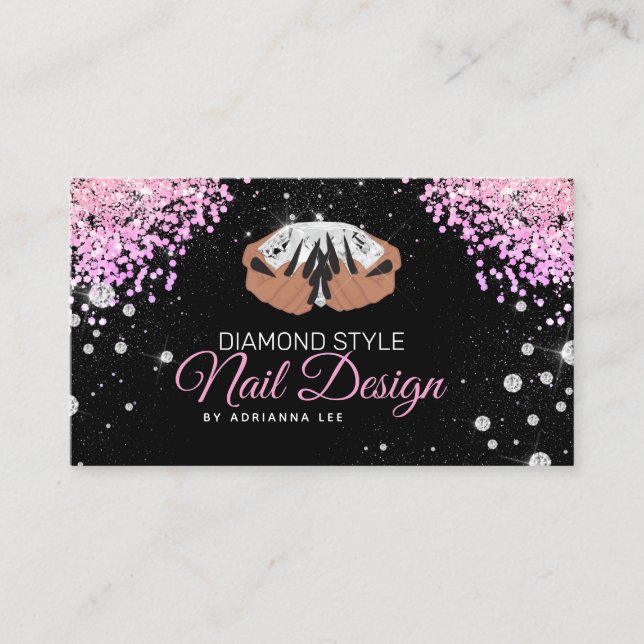 Nageltechniker Diamond Glitzer Pink & Black Salon Visitenkarte (Vorderseite)