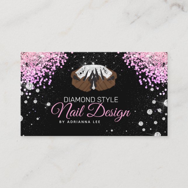 Nageltechniker Diamond Glitzer Pink & Black Salon Visitenkarte (Vorderseite)