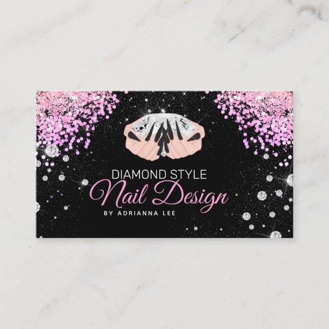 Nageltechniker Diamond Glitzer Pink & Black Salon Visitenkarte (Vorderseite)