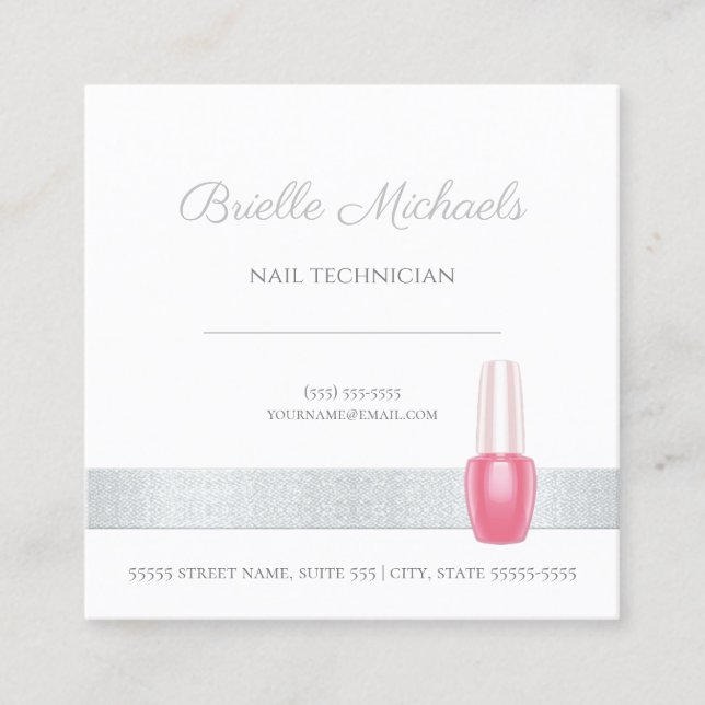 Nageltechniker Elegantsilber mit rosa Polnisch Quadratische Visitenkarte (Vorderseite)