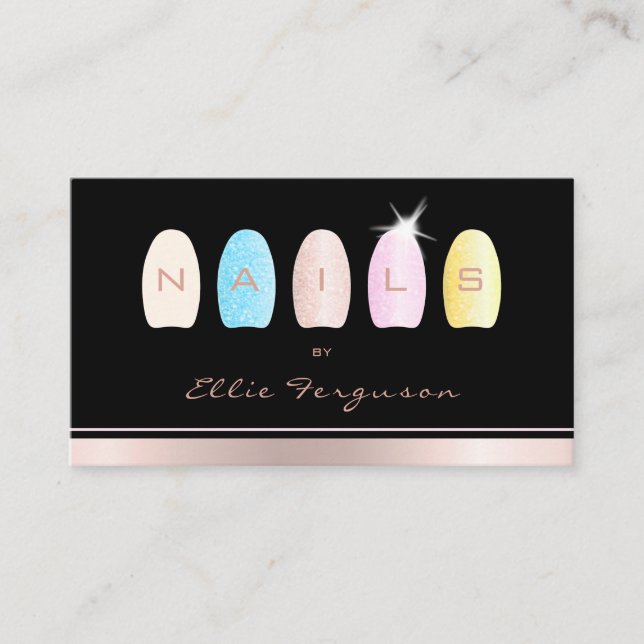 Nageltechniker Salon Glitzer Glam Rose Gold Visitenkarte (Vorderseite)