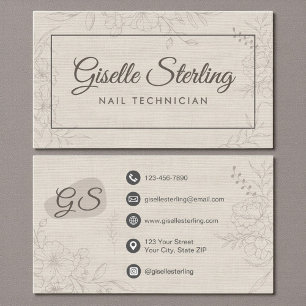 Nageltechnikerin Neutrales Leinen Floral Elegant Visitenkarte