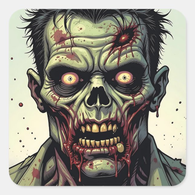 Nah Up a Pop Art Zombie Halloween Quadratischer Aufkleber (Vorderseite)