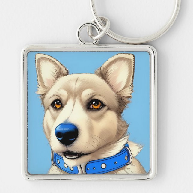 Nah-Up-Portrait eines Hundes mit blauem Collar Schlüsselanhänger (Vorne)