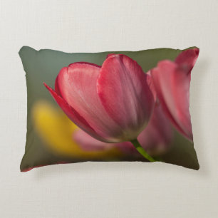 Nahaufnahme von roten und gelben Tulpen im Garten Zierkissen