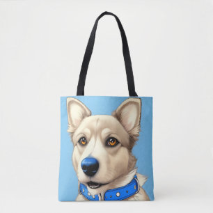 Nahaufnahmeporträt eines Hundes mit blauem Halsban Tasche