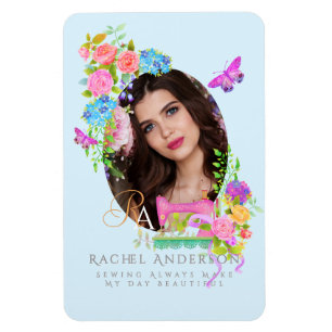 Nähband Florales Monogramm Foto Blau Magnet