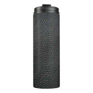 Nahe schwarze Ledertextur und Hintergrund Thermosbecher
