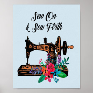 Nähen Sie auf Vintager Nähmaschine u. mit Blumen Poster