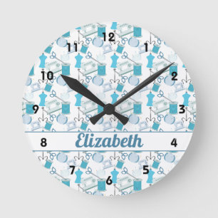 Nähen und Quilten Blau Runde Wanduhr