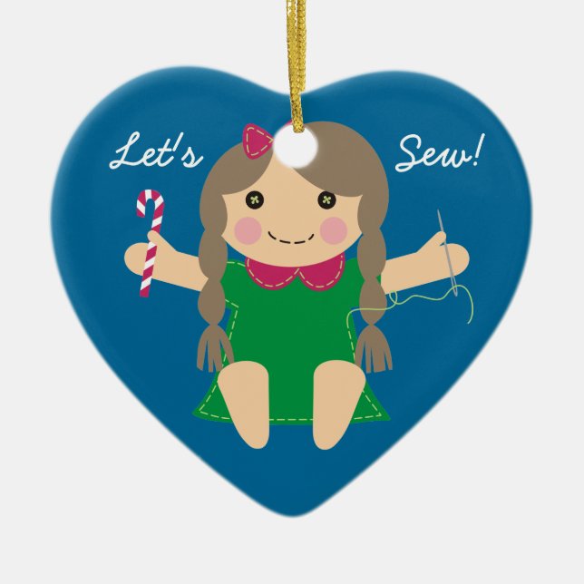 Nähende Näherinpuppe Weihnachtsbaumverzierung Keramik Ornament (Vorne)