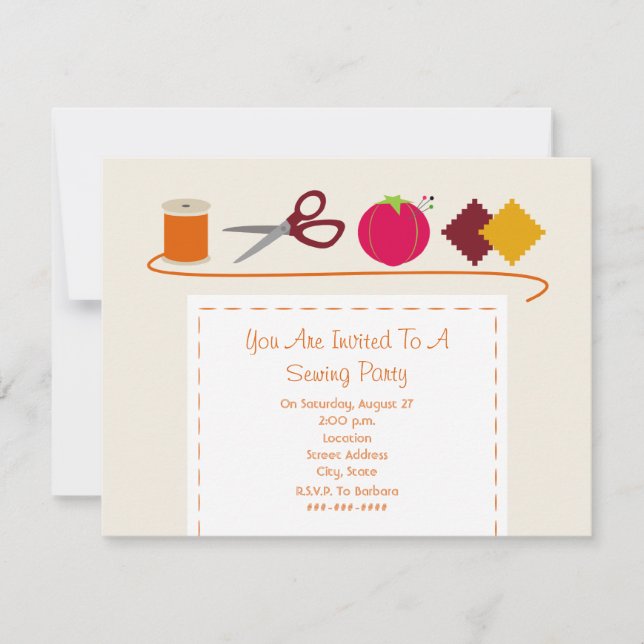 Nähender Party-Faden, Scheren, Button-Kissen, Einladung (Vorderseite)