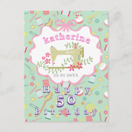 Näherin Geburtstag Nähmaschine Türkis Rosa Postkarte