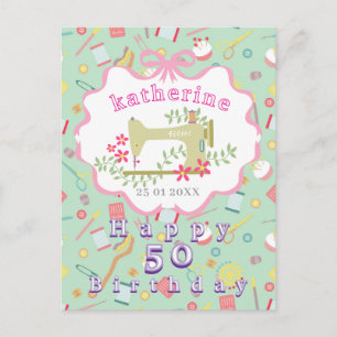Näherin Geburtstag Nähmaschine Türkis Rosa Postkarte