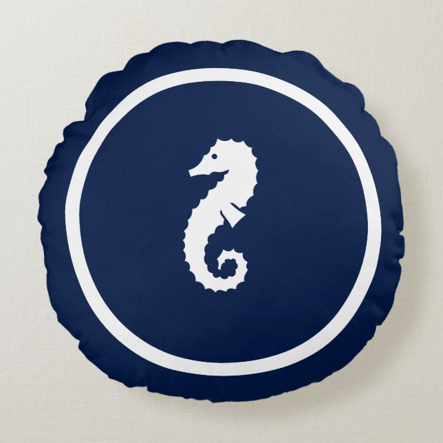 Nahezu navy-Blue-Seepferde nautischer Entwurf Rundes Kissen (Vorderseite)