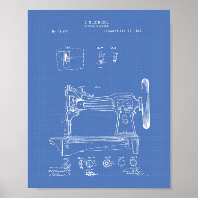 Nähmaschine 1867 Patentart Blueprint Poster (Vorne)