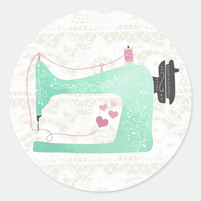 Nähmaschine auf Shabby Chic Lace & Burlap Runder Aufkleber (Vorderseite)