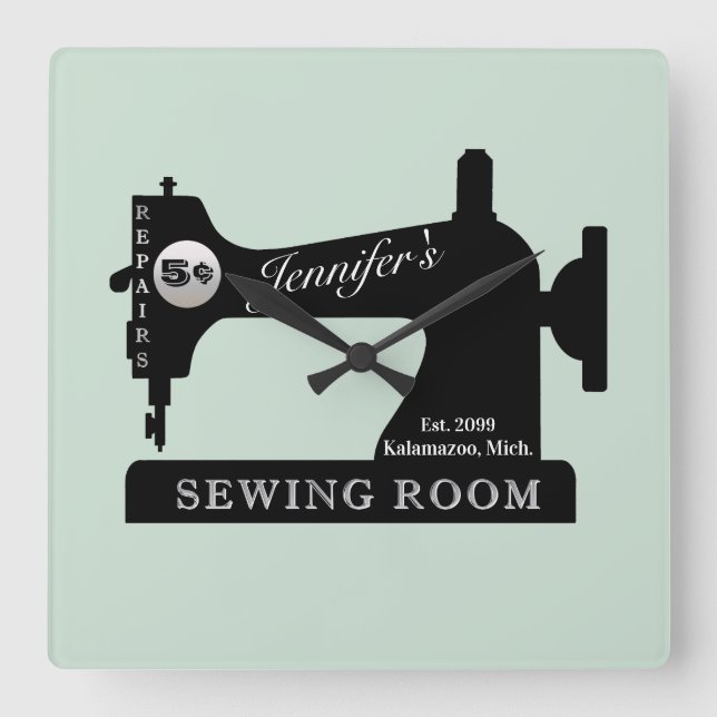 Nähmaschine für Seamstress-Quilternähte Quadratische Wanduhr (Vorderseite)