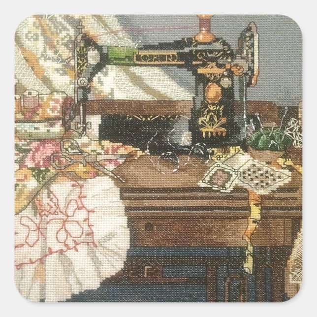 Nähmaschine und Kleid Quadratischer Aufkleber (Vorderseite)