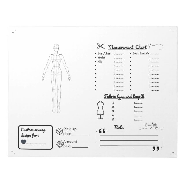 Nähprojektplaner und Messüberwacher Notizblock (Vorderseite)