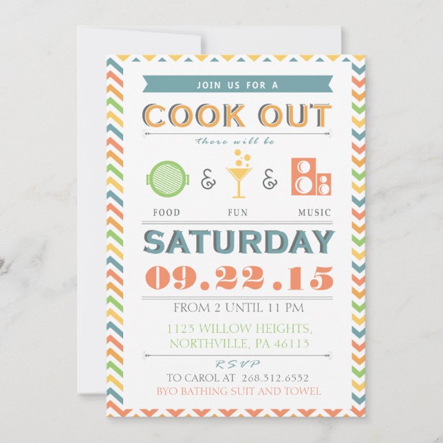 Nahrungsmittel-, Spaß-und Musik-Grill (BBQ)Cookout Einladung (Vorderseite)