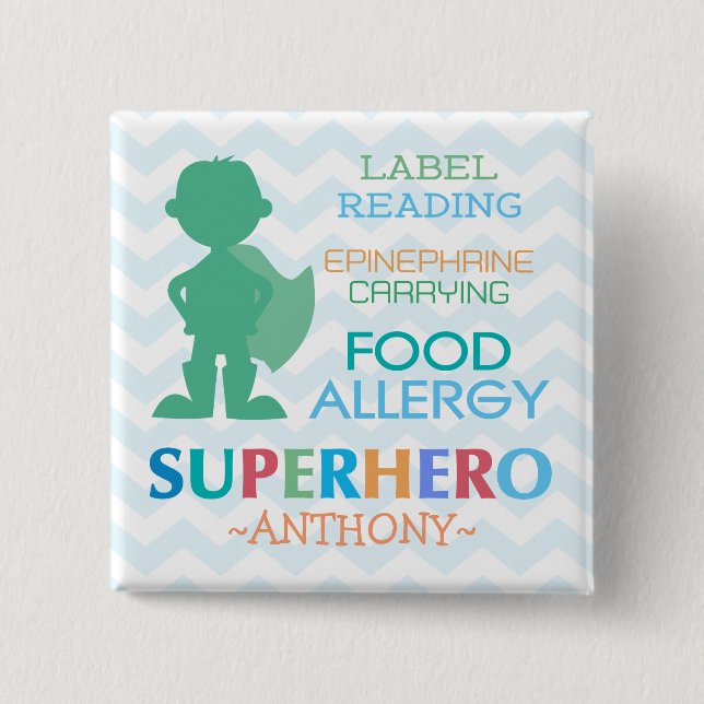 Nahrungsmittelallergie-Alarm Superhelden-Jungen-Kn Button (Vorderseite)