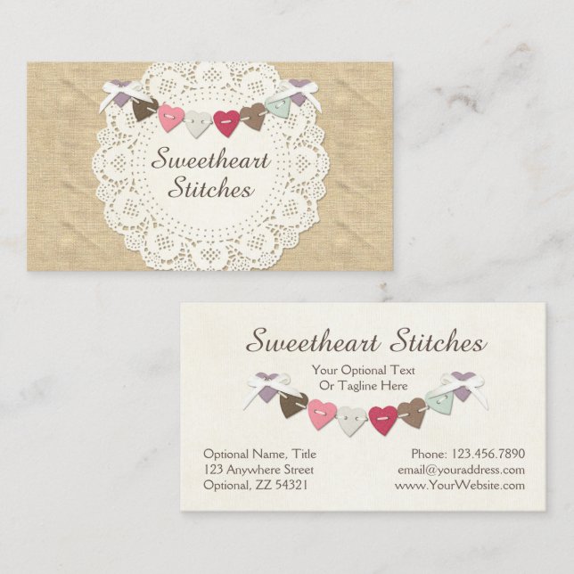 Nähstifte auf rustikalen Burlap & Hearts Visitenkarte (Vorne/Hinten)