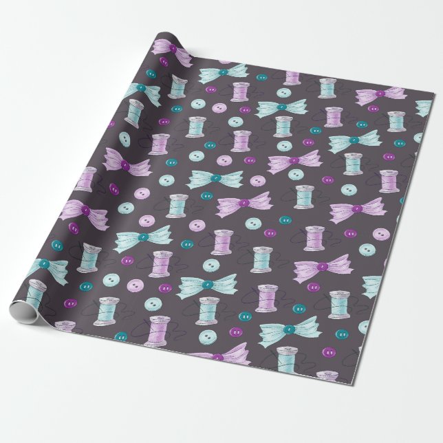 Nähtasten Bows Lila Aquamarines Seamstressmuster Geschenkpapier (Ungerollt)