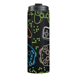 Nahtlos helles Muster mit Joysticks. Spielcoo Thermosbecher