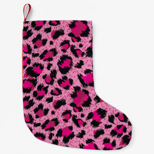 Nahtlos luxuriöses rosa Leopardenmuster. Kleiner Weihnachtsstrumpf