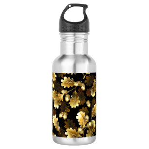 Nahtlos mit goldenen Eichenzweigen auf Schwarz Edelstahlflasche