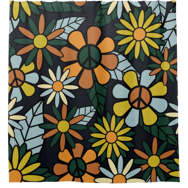 Nahtlose 70er Jahre Retro-Hippie-Blume - Vinta Duschvorhang (Vorderseite)