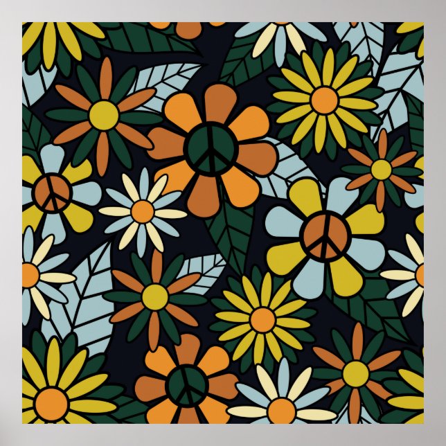 Nahtlose 70er Jahre Retro-Hippie-Blume - Vinta Poster (Vorne)