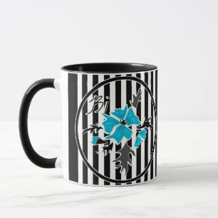 Nahtlose abstrakte blaue Blumen floral weiß schwar Tasse