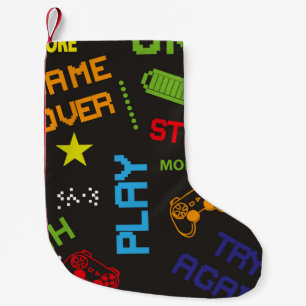 Nahtlose abstrakte Darstellung im Pixelspielstil.  Kleiner Weihnachtsstrumpf