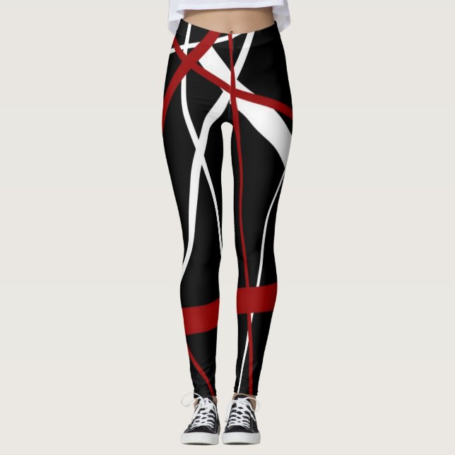 Nahtlose Abstrakte Rot- und Weißlinien auf schwarz Leggings (Vorderseite)