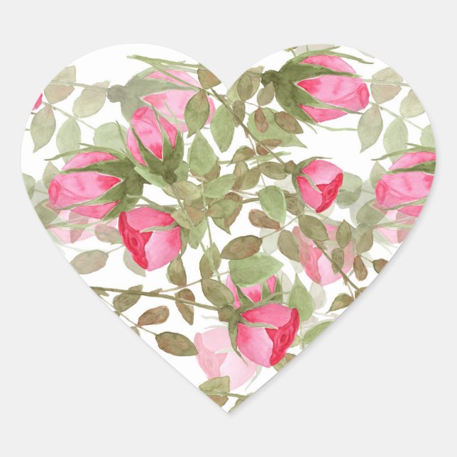 Nahtlose Aquarellfarben Blume Rosa Rosen Blüten Herz-Aufkleber (Vorderseite)