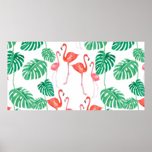 Nahtlose Aquarellmuster mit Flamingo-Familie w Poster