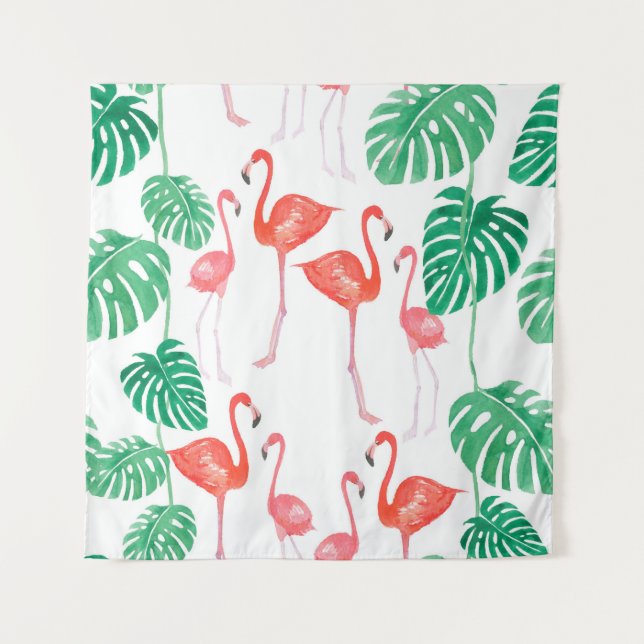 Nahtlose Aquarellmuster mit Flamingo-Familie w Wandteppich (Vorderseite)
