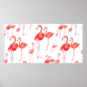 Nahtlose Aquarellmuster mit Flamingos-Familie Poster
