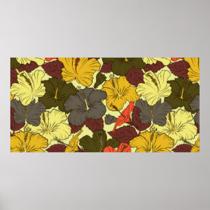 Nahtlose Aquarellmuster mit Hibiskus-Blume Poster