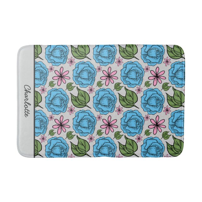 Nahtlose Blumenmuster, blau und rosa, personalisie Badematte (Vorderseite)